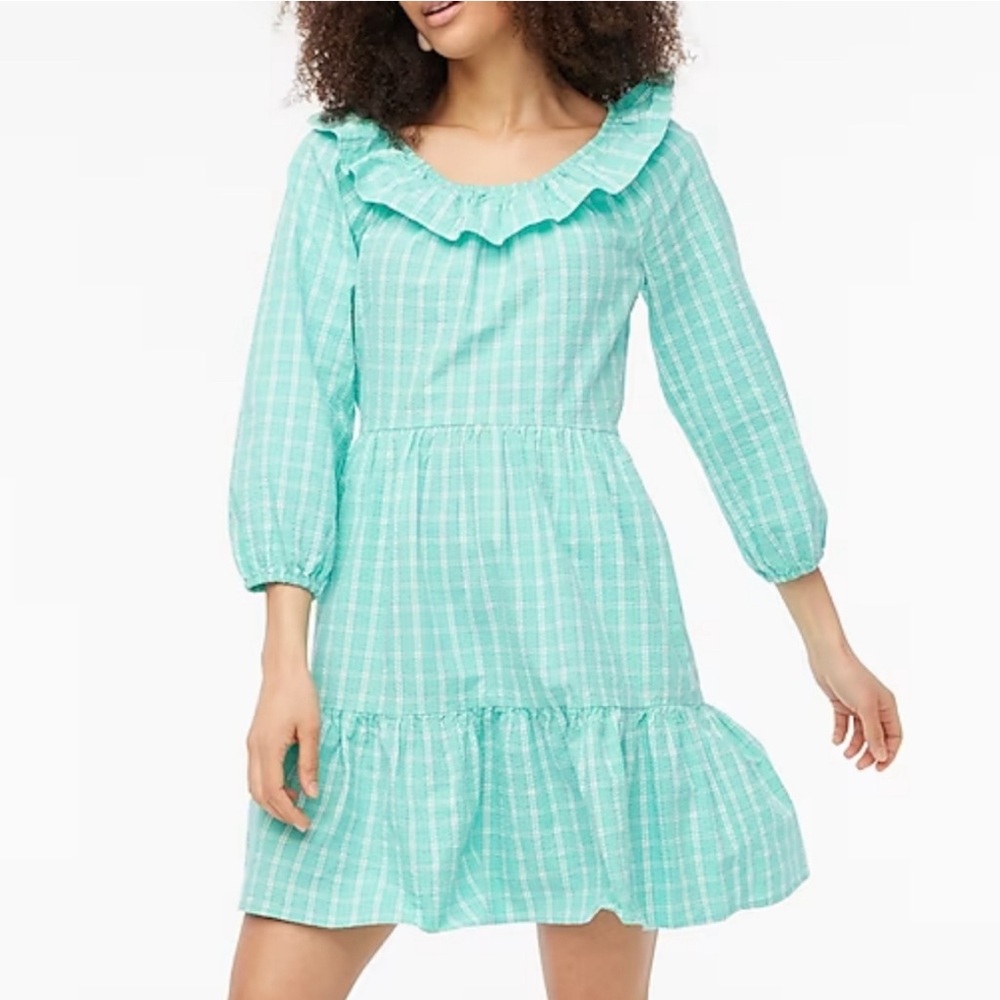 J Crew Dress Blue Seersucker Gingham Mini Aqua Plaid Green Western SZ 8